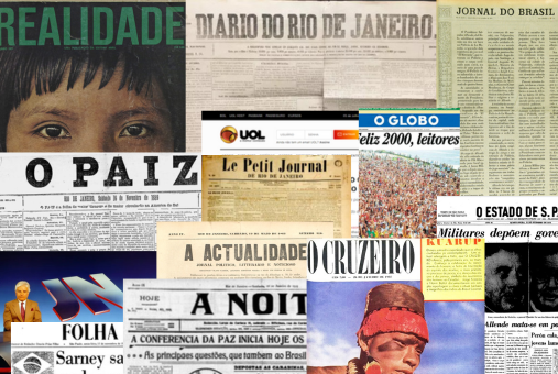 A collage of various Brazilian newspaper and magazine mastheads and front pages, including Realidade, Diario do Rio de Janeiro, O Globo, UOL, Folha, O Estado de S. Paulo, A Noite, Cruzeiro, and others, showcasing the history of Brazilian print media.